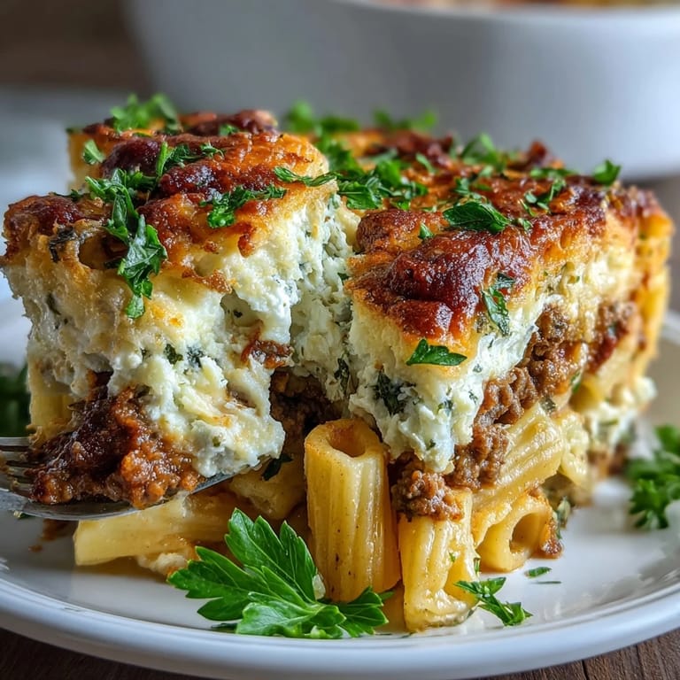 Creamy cottage cheese protein pasta bake with whole wheat penne, savory ground beef, and Italian herbs for a hearty dinner.