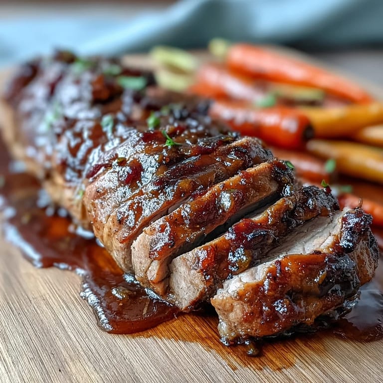 A freshly roasted One-Pan Honey Balsamic Pork Tenderloin with Rainbow Carrots served on a rustic plate with pan drippings.