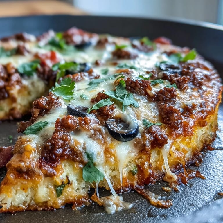 Golden-baked cauliflower crust topped with savory taco filling and fresh diced tomatoes for a keto-friendly meal.  