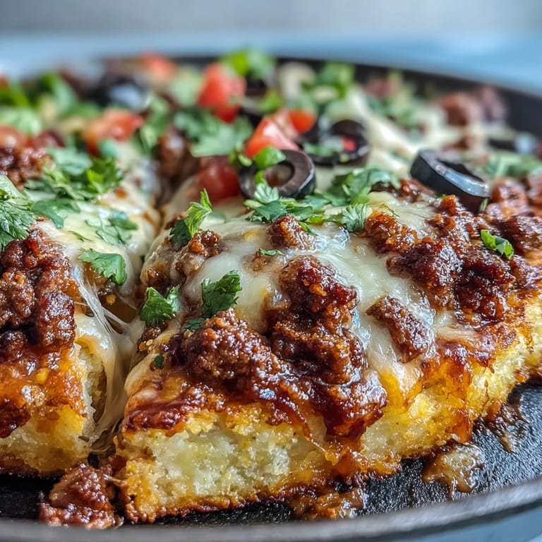 Melty cheese and seasoned beef layered over a crispy cauliflower crust in this easy taco skillet recipe.