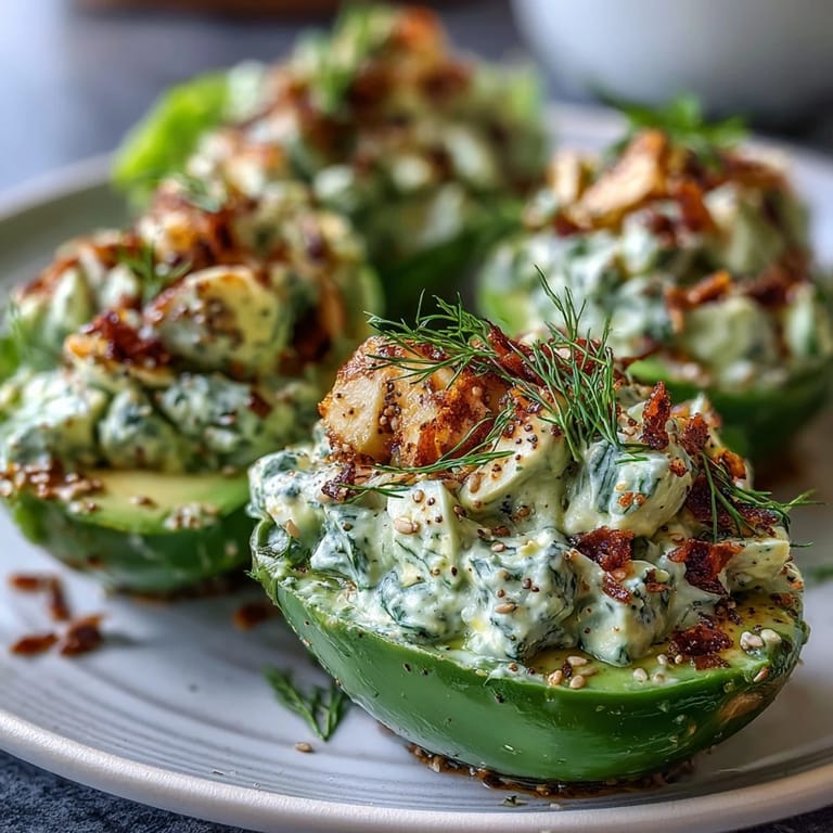 Keto Avocado Egg Salad Lettuce Boats with Everything Bagel Crunch - low-carb lettuce boats packed with smooth avocado egg salad and topped with savory everything bagel seasoning for a satisfying keto meal.