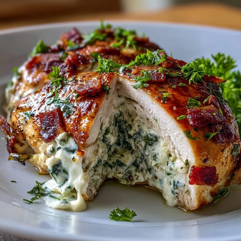 Juicy stuffed chicken breasts bursting with savory spinach, smoky bacon, and gooey mozzarella, finished with a fragrant garlic butter sauce in this keto-friendly dinner.