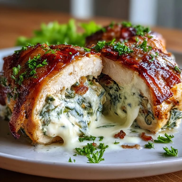Low-carb baked chicken breasts packed with cheesy spinach and bacon filling, topped with aromatic garlic butter for a flavorful, satisfying keto meal.