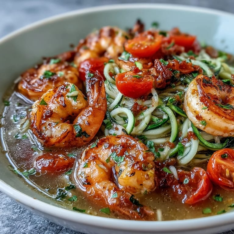 Close-up of 15-Minute Zucchini Noodle Shrimp Bowl with Lemon-Garlic Broth, highlighting juicy shrimp, spiralized zucchini, and halved cherry tomatoes in a zesty, steaming lemon-garlic broth.