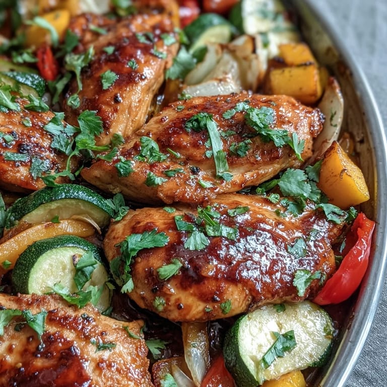 Spicy and sweet one-pan dinner featuring tender chicken breasts baked with mango, zucchini, and bell peppers, all coated in a zesty chili-lime marinade.