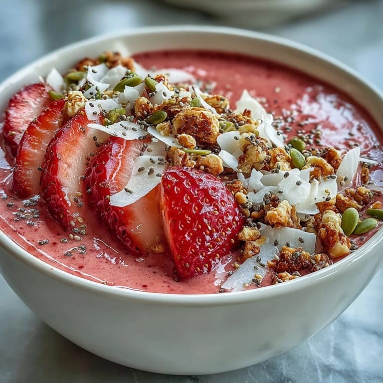 Wholesome strawberry smoothie bowl with hidden cauliflower cream, vanilla protein, and crunchy toppings—perfect for a healthy start.  