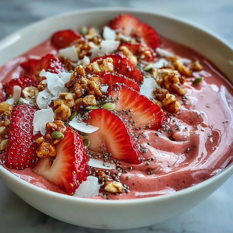 Bright and refreshing strawberry protein bowl featuring a thick, creamy base and colorful fruit, granola, and coconut toppings.
