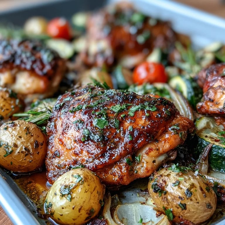 Aromatic herbs and fresh lemon brighten this sheet pan Mediterranean chicken with zucchini and herb-roasted potatoes, perfect for weeknight meals.