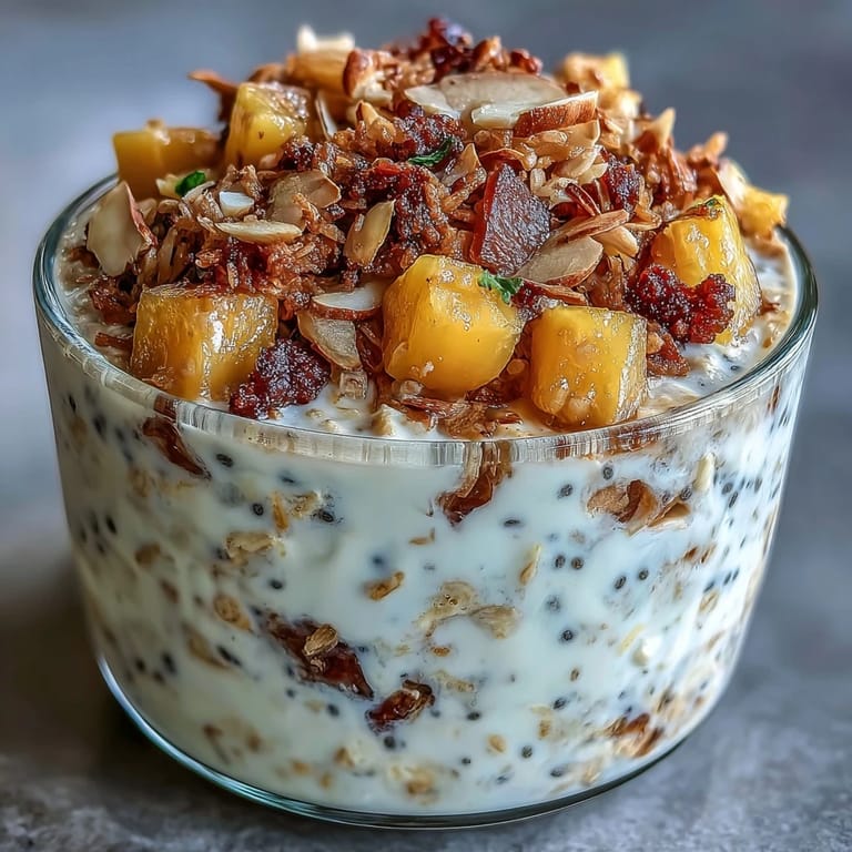 Tropical mango chia overnight oats with layers of diced mango, coconut crunch, and creamy oats for a refreshing breakfast.  