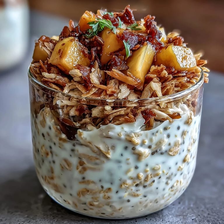 Vegan mango overnight oats jar topped with golden toasted coconut, fresh mango chunks, and a hint of lime zest.