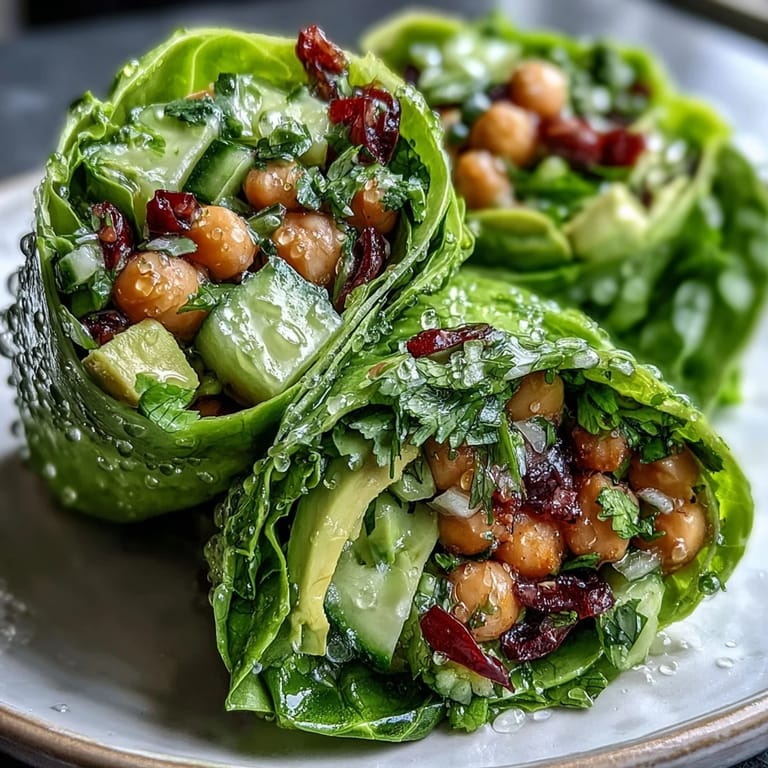 Crisp lettuce wraps filled with zesty avocado chickpea salad, combining creamy avocado, protein-rich chickpeas, and crunchy vegetables in every bite.