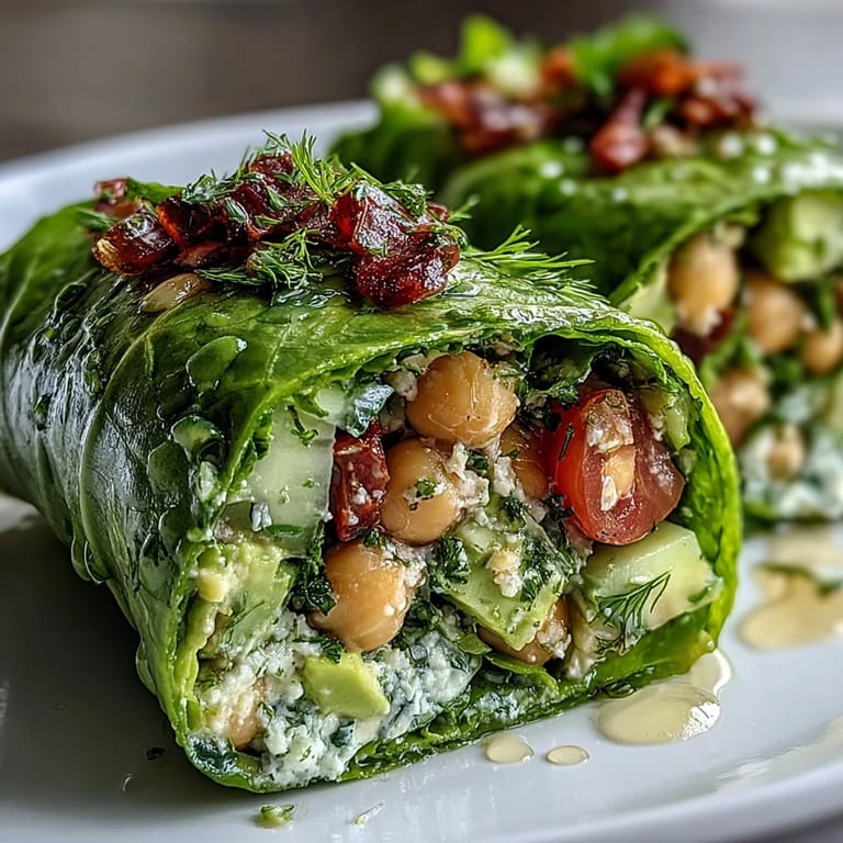 Refreshing avocado chickpea salad nestled in crunchy lettuce leaves, drizzled with lemon dressing for a healthy, vibrant wrap perfect for spring.