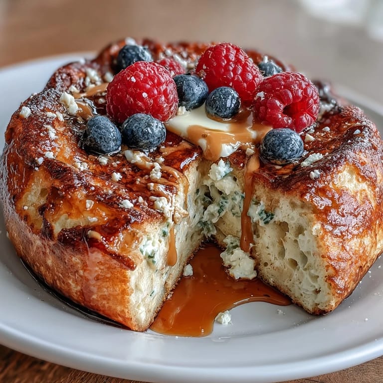 Golden-baked pancake bowl packed with 40g protein, topped with raspberries and chocolate chips for a delicious morning meal.