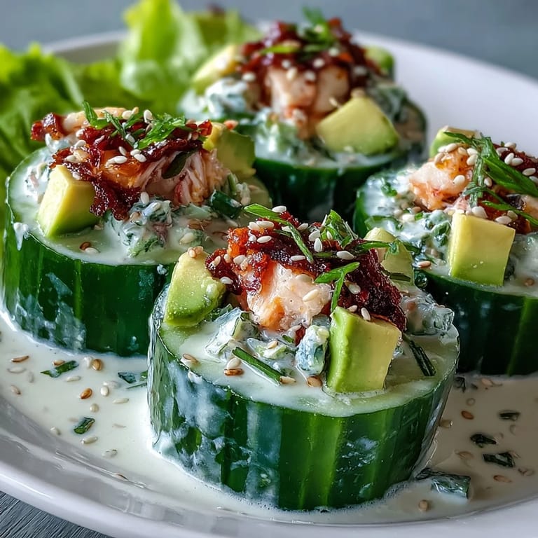 Creamy sushi-inspired salad featuring cucumber, avocado, and crab tossed in soy-mayo dressing.