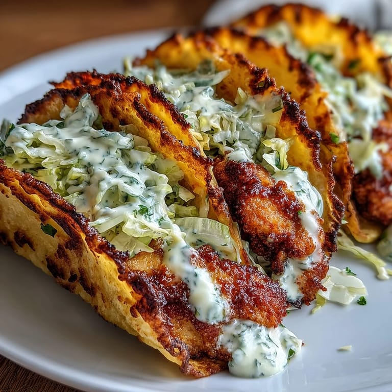 Savory chicken tacos with creamy ranch cottage cheese sauce, tangy pickles, and golden crispy cheese topping.