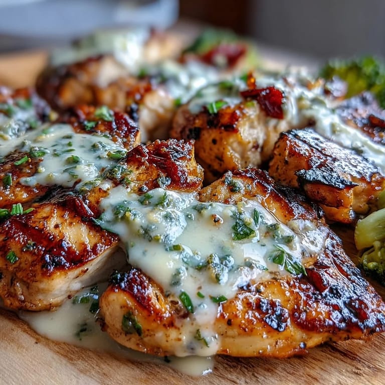Juicy grilled chicken breast slices served over tender broccoli florets, drizzled with velvety garlic cream sauce for a low-carb dinner.  