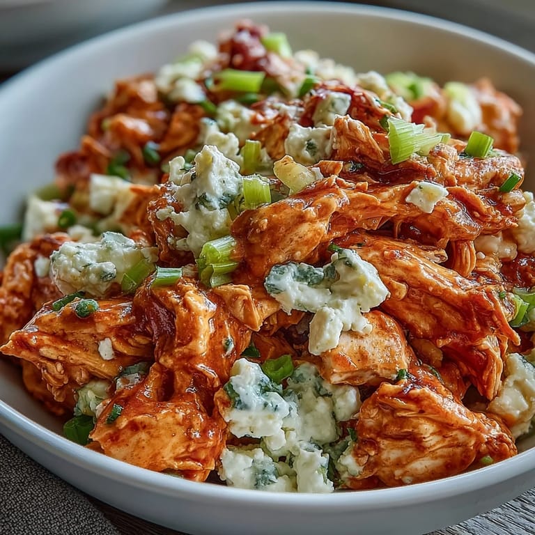 Protein-packed buffalo chicken salad with cottage cheese, tangy buffalo sauce, and sweet onions, perfect for a quick and easy meal.