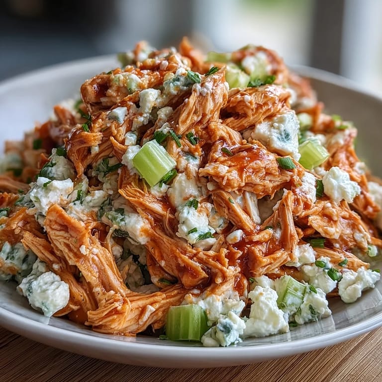 Zesty buffalo chicken salad featuring tender chicken, creamy cottage cheese, and cheddar cheese, served chilled with fresh vegetable crudités.