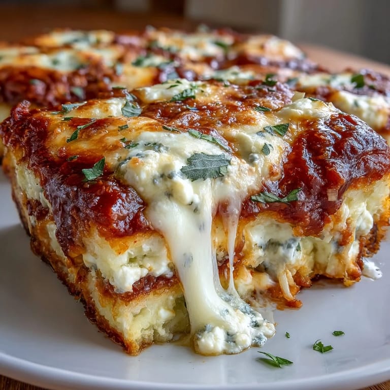 Sliced wedges of savory Pizza-Style Cottage Cheese Bake, showcasing gooey mozzarella and aromatic herbs in every cheesy bite.