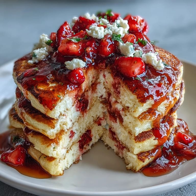 Golden cottage cheese strawberry pancakes stacked high, perfect for a post-workout meal or healthy brunch.