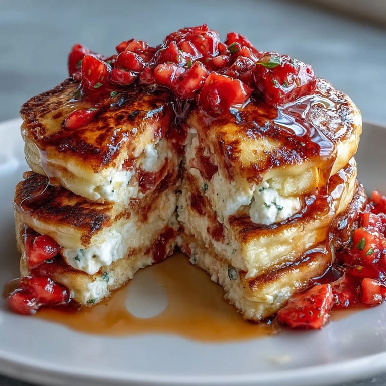 High-protein pancakes made with creamy cottage cheese and juicy strawberries, ideal for a nutritious breakfast.  