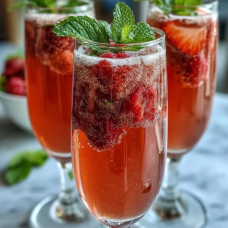 2. Elegant strawberry bellini cocktail station featuring sparkling wine, homemade strawberry purée, and colorful mix-ins for a DIY brunch experience.  