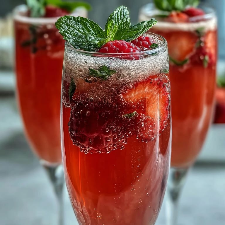 3. DIY strawberry bellini bar with chilled Prosecco, fresh berries, mint sprigs, and optional flavor add-ins for a customizable brunch cocktail.