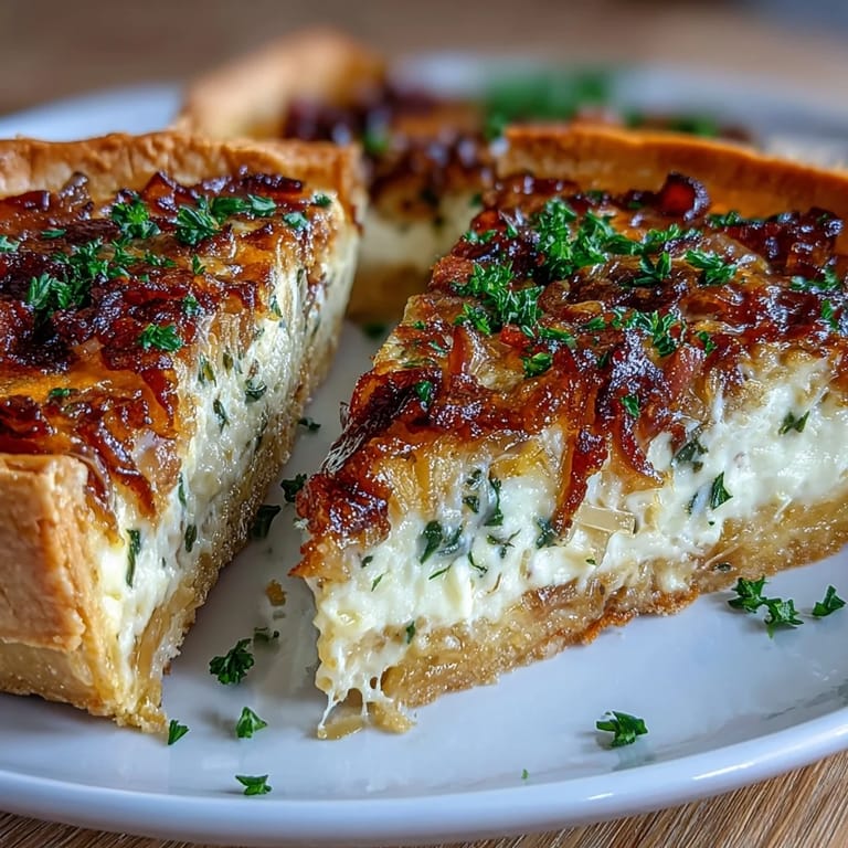Savory quiche featuring sweet caramelized onions, smoky bacon, and melted Gruyère in a buttery pastry shell.  