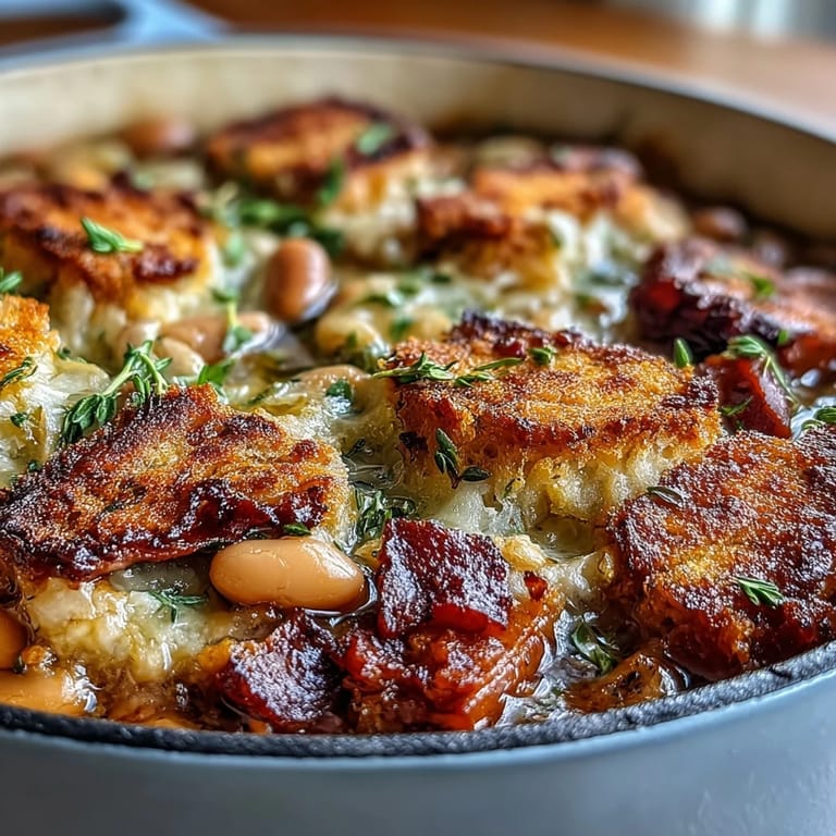 Golden-crusted Ham and White Bean Cassoulet, slow-cooked with bacon, herbs, and rich tomato broth.  