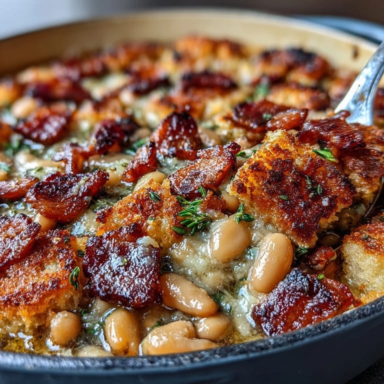 Classic French cassoulet featuring creamy white beans, savory ham, and a crispy breadcrumb topping for depth.