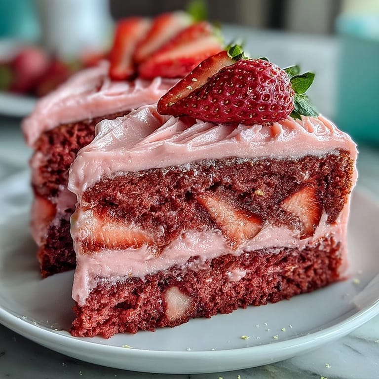 Moist and zesty Galentine's pink strawberry lemonade cake topped with luscious strawberry frosting and fresh fruit slices.