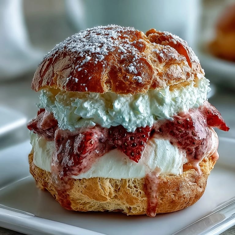 Elegant strawberry cream puffs topped with powdered sugar, ideal for romantic dessert tables.