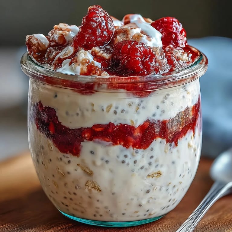 Layered raspberry chia overnight oats in a mason jar, featuring a vibrant mix of oats, yogurt, and juicy red raspberries.