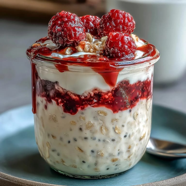 Wholesome overnight oats with raspberry chia seeds, garnished with fresh raspberries and granola for a nutritious morning meal.