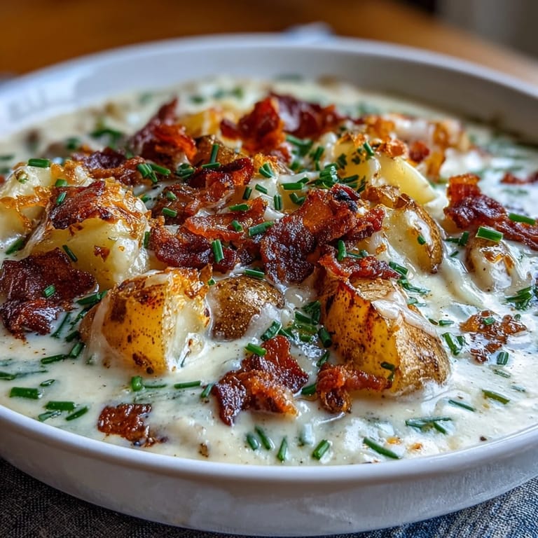 A comforting bowl of loaded baked potato soup, topped with sharp cheddar, smoky bacon, and green onions.  