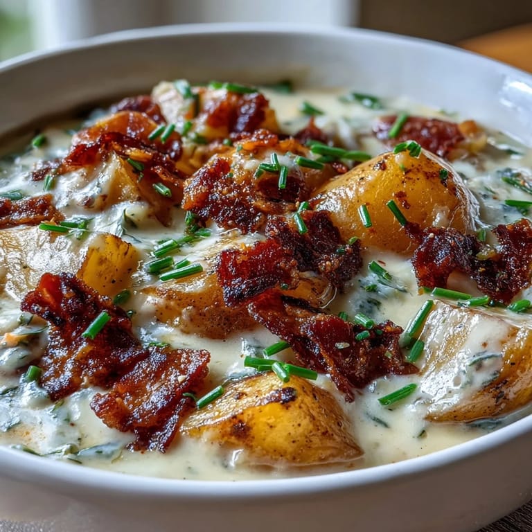 Velvety baked potato soup featuring tender russets, creamy sour cream, and crunchy bacon crumbles for hearty flavor.