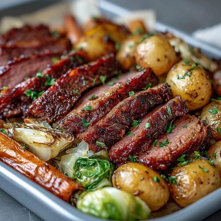 Hearty corned beef slices nestled among crisp cabbage wedges and golden roasted potatoes on a sheet pan.