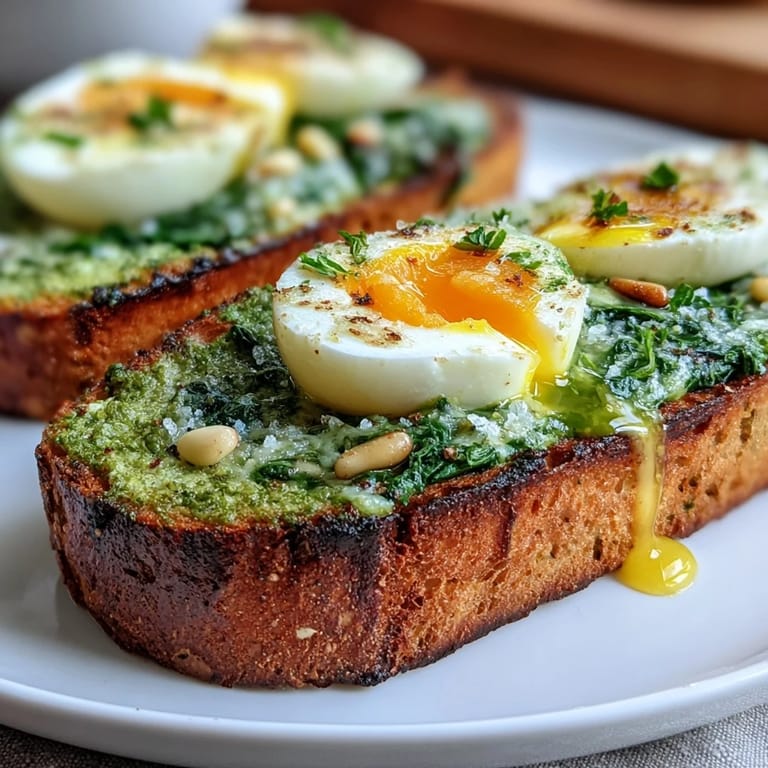 Creamy spinach pesto on crisp sourdough toast, garnished with a halved soft-boiled egg, fresh herbs, and a sprinkle of chili flakes for a pop of color.  