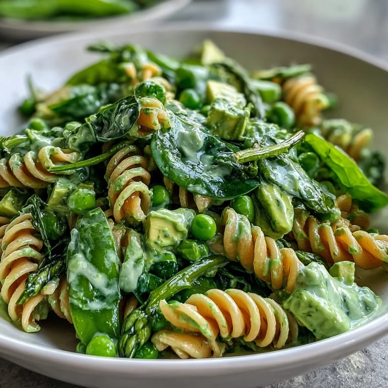 A vibrant bowl of pasta salad with crisp peas, cucumber, and avocado, tossed in a fresh herb green goddess dressing.  