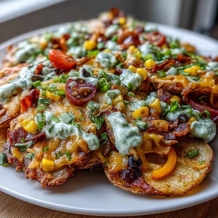 Colorful Irish nachos loaded with roasted potatoes, bell peppers, tomatoes, and corn, topped with cheddar and tangy Greek yogurt ranch dip.