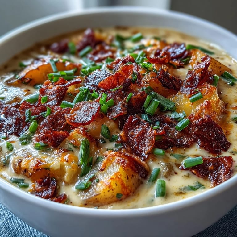 Warm and comforting St. Patricks Day potato soup topped with crumbled bacon, green onions, and melted cheddar cheese.