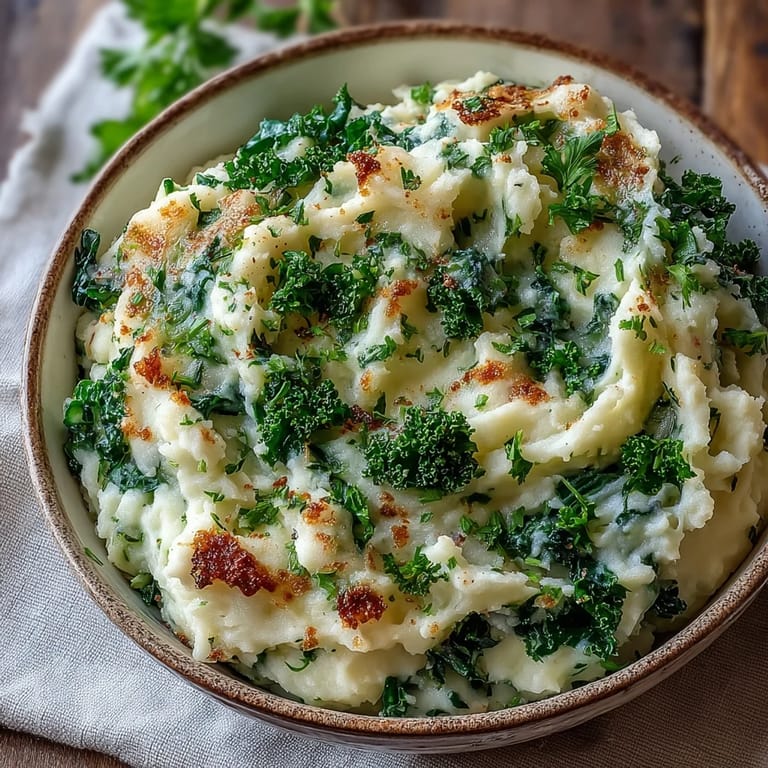 Fluffy mashed potatoes blended with sautéed leeks and topped with golden, oven-roasted kale for a modern twist on classic Irish colcannon.