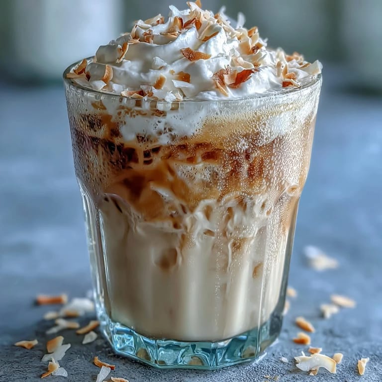 Refreshing Vanilla Bean Coconut Frappuccino Mocktail with vanilla bean specks, blended smooth with ice and coconut milk.