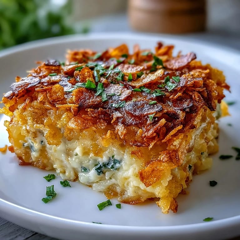 Cheesy hash brown casserole baked with a golden cornflake and cheddar crust, ideal for potlucks and holidays.