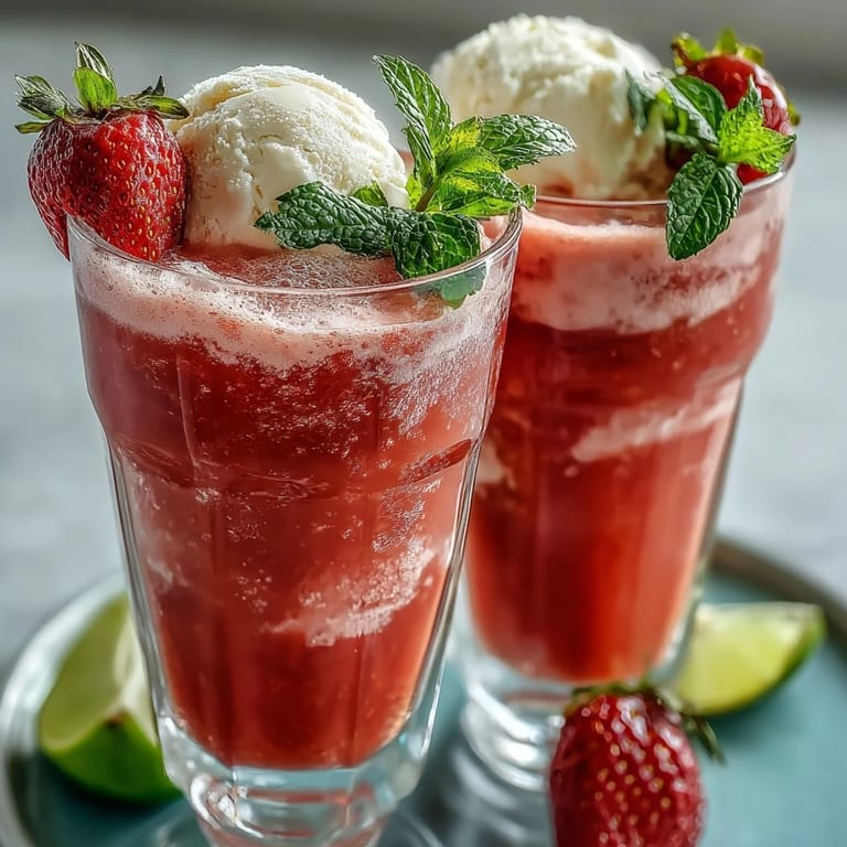 A close-up of a strawberry daiquiri float featuring ripe strawberries, zesty lime, and sparkling water over scoops of ice cream.