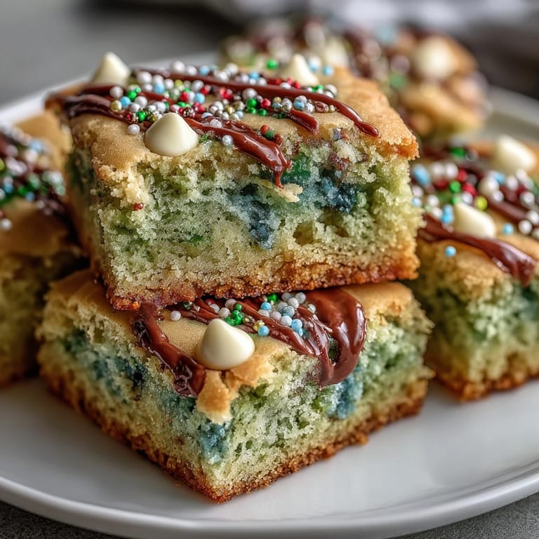 Vibrant St. Patricks Day cookie bars layered with rainbow sprinkles and creamy white chocolate, perfect for holiday dessert tables.