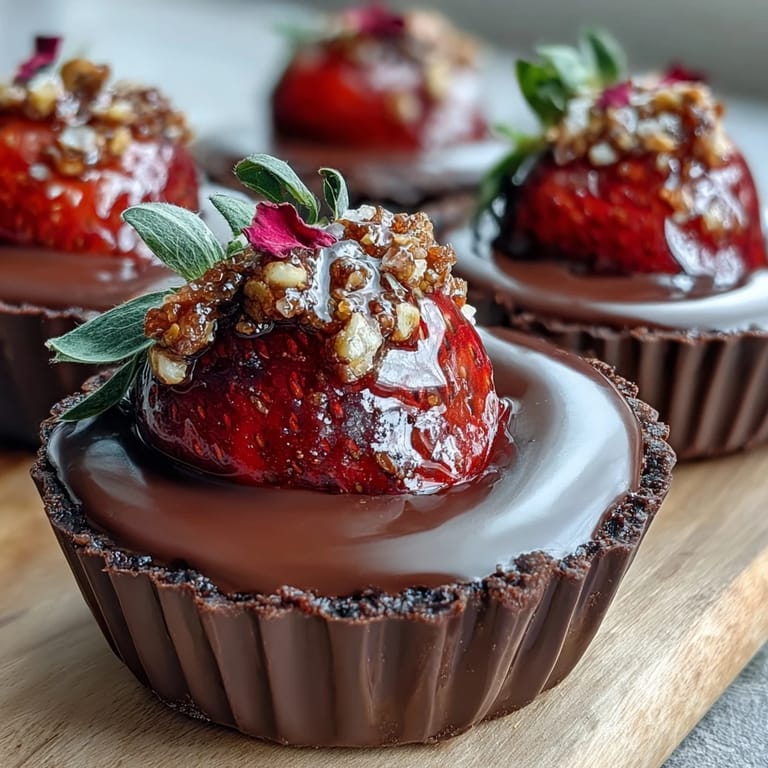 Decadent chocolate cups with rosewater-infused strawberries and crunchy pistachios, garnished with edible rose petals for a touch of luxury.