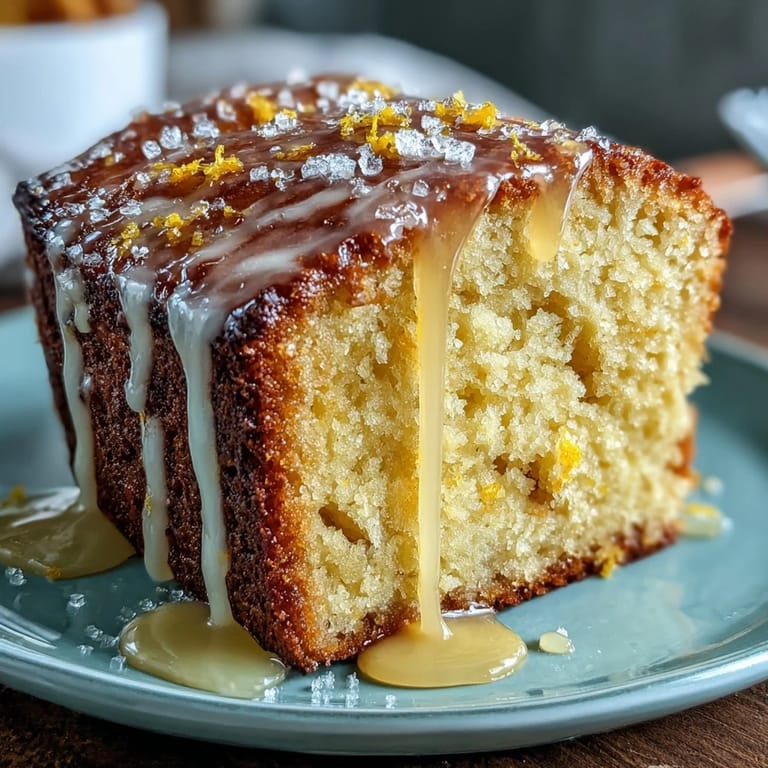 Slices of moist pound cake topped with glossy lemon glaze, perfect for spring brunches or dessert.  