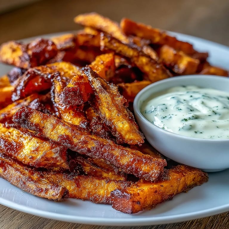 Delicious air-fried sweet potato fries with smoky paprika and zesty garlic aioli on the side.  