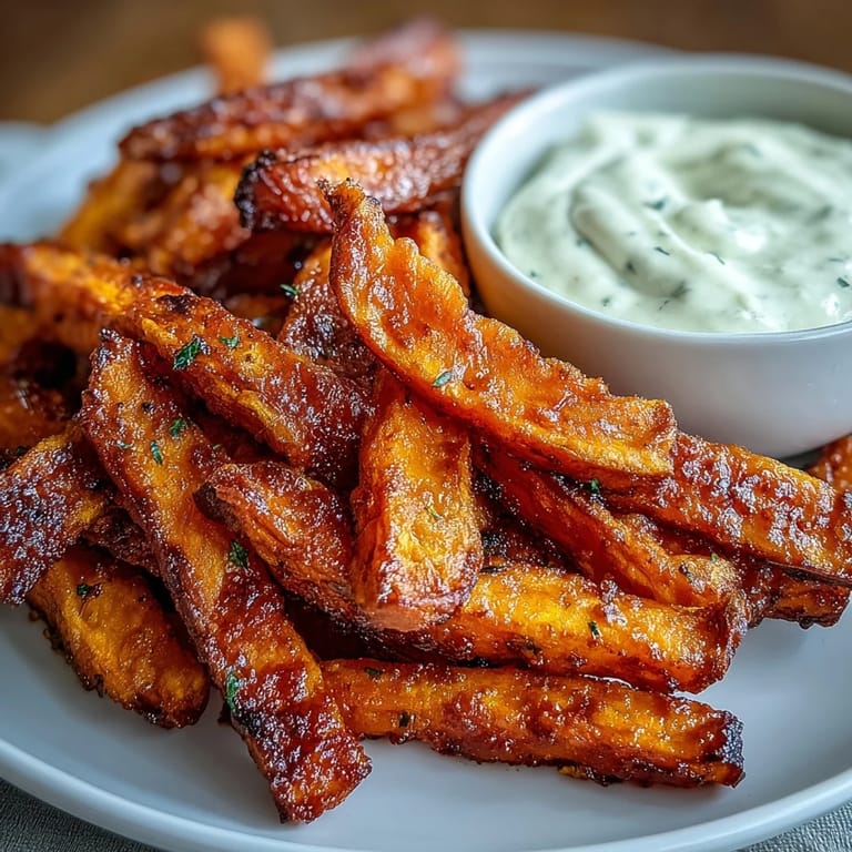 Crispy sweet potato fries made in the air fryer, paired with a rich, garlicky dipping sauce.
